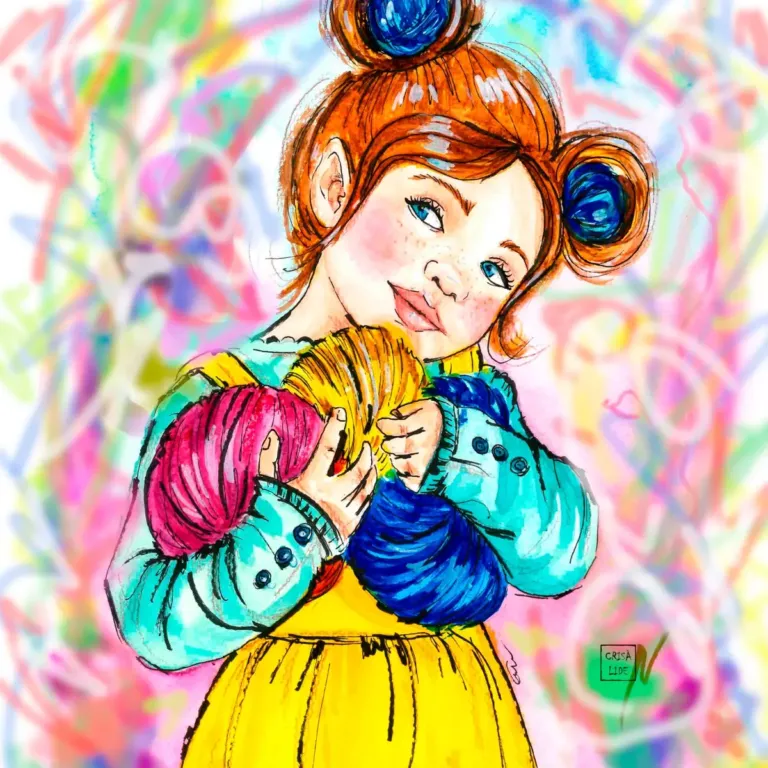 Ilustración de una niña que sujeta ovillos de lana