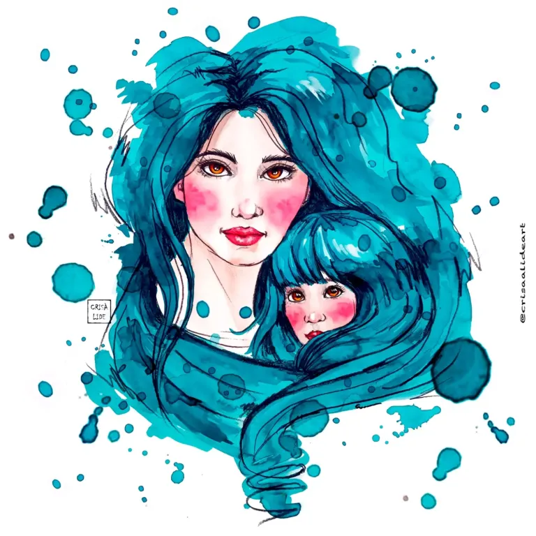 Ilustración de una mujer que arropa a una niña con su pelo