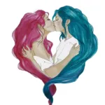 Ilustración de dos mujeres besándose marcando la forma de un corazón