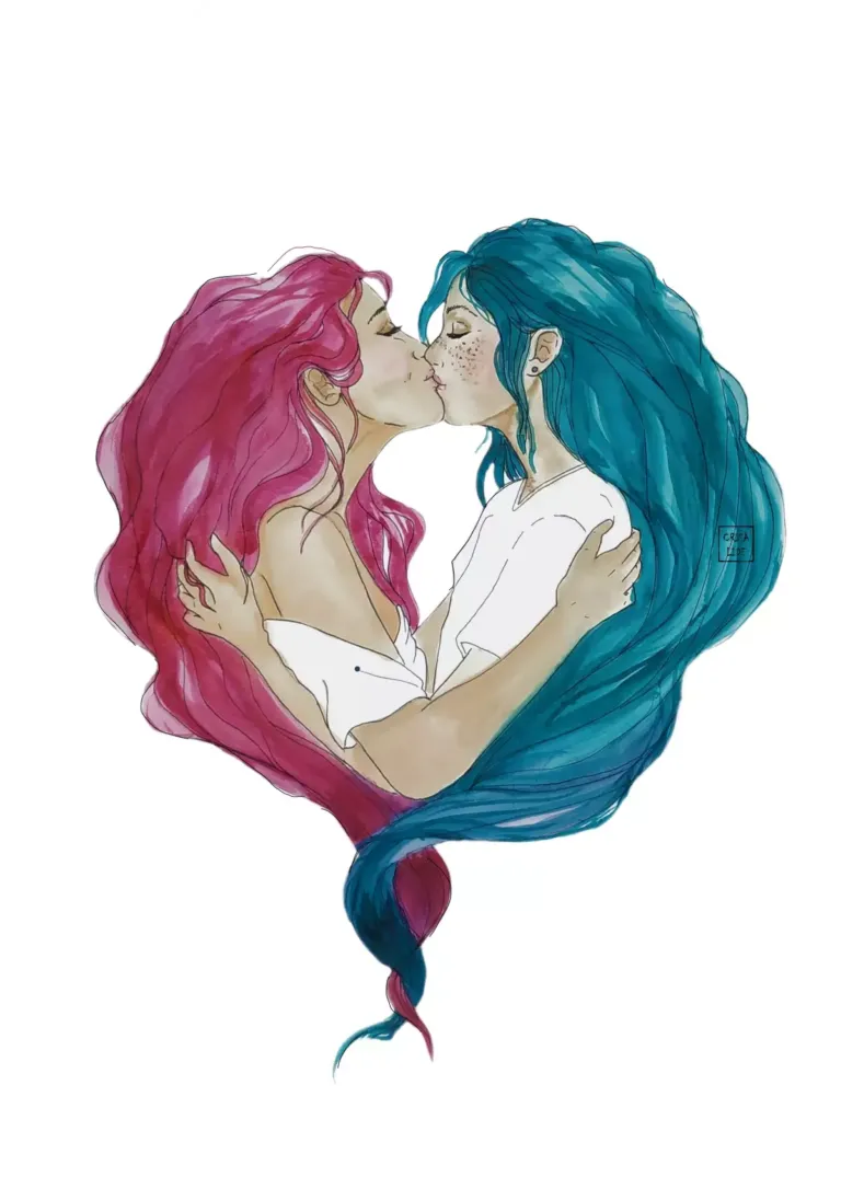 Ilustración de dos mujeres besándose marcando la forma de un corazón