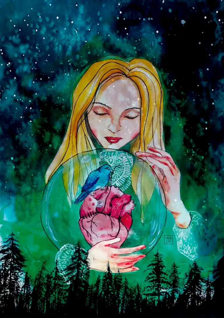Ilustración de una mujer sujetando y observando una bola de cristal con un pájaro y un corazón