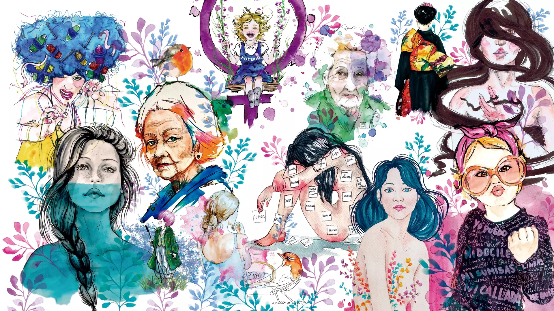 Múltiples dibujos de mujeres de diferentes edades en acuarela