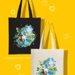 Bolsos en blanco y negro con ilustración de elementos típicos de Cangas del Narcea