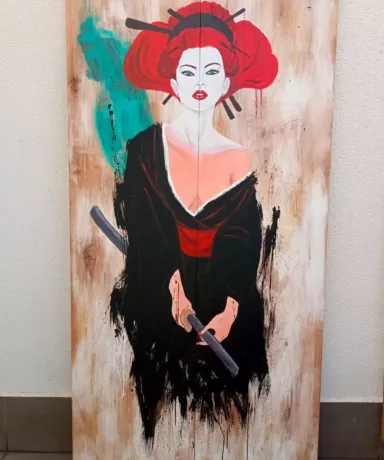 Geisha sobre tabla de madera 200x100cm