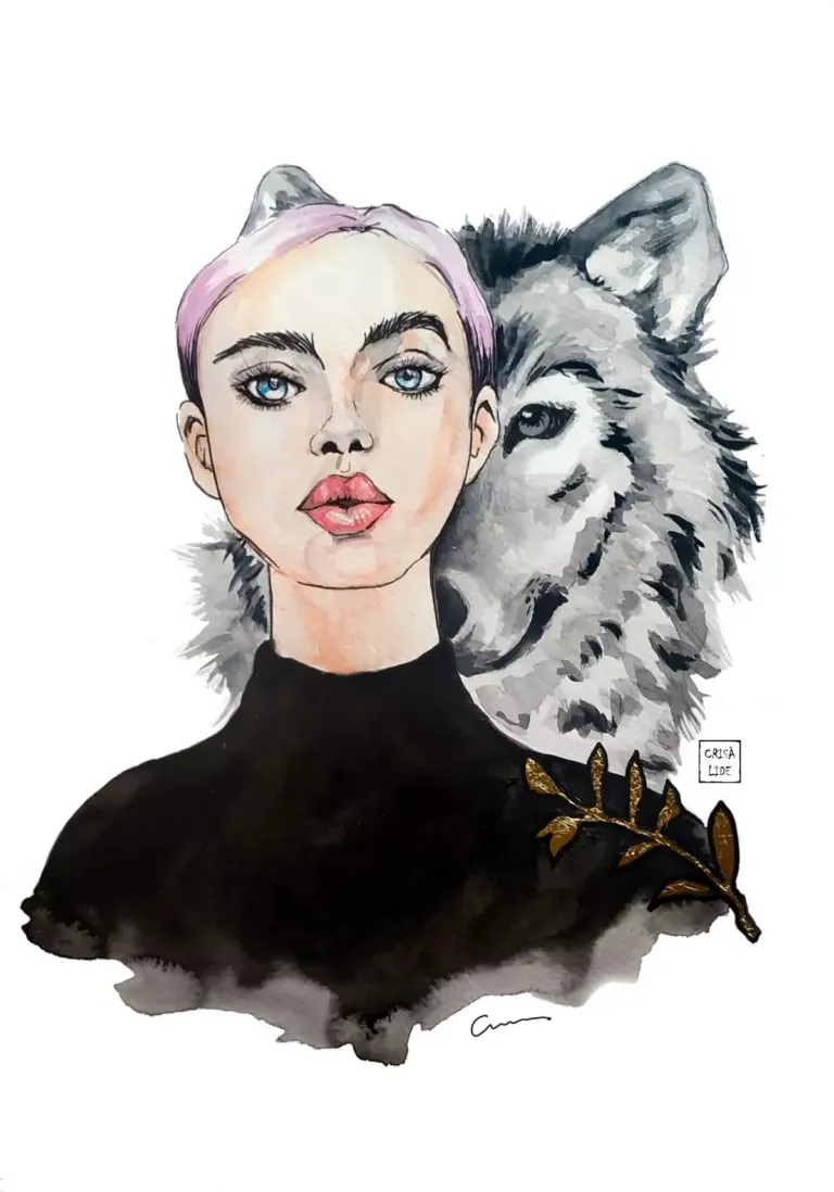 Ilustración de una mujer delante de un lobo