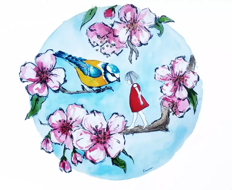 Ilustración de una niña caminando por una rama mientras un pájaro la mira