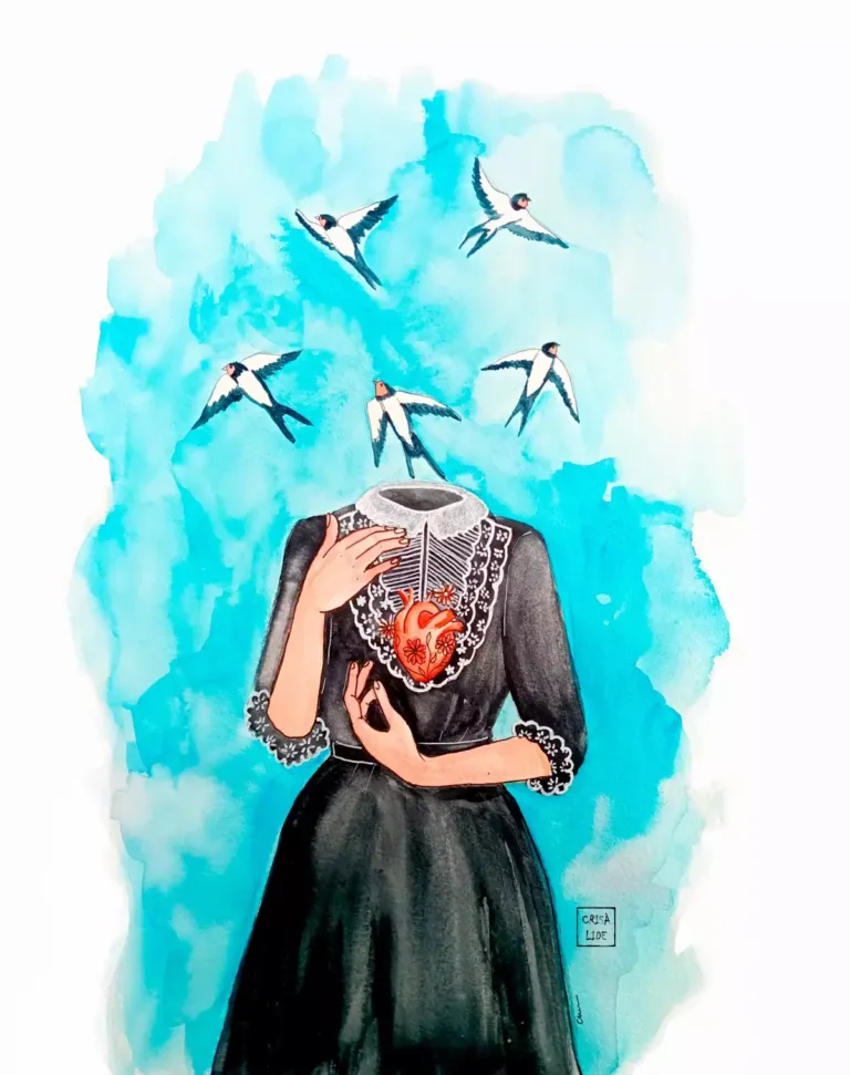 Ilustración de un cuerpo de mujer y pájaros revoloteando sobre él