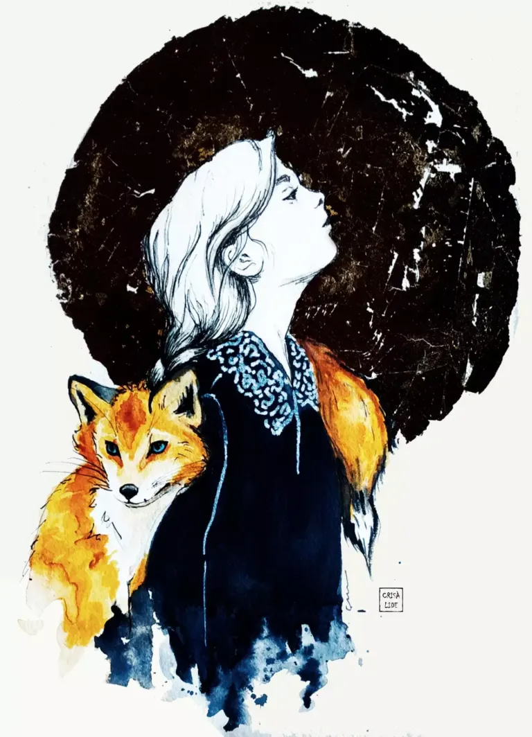 Ilustración de una mujer al lado de un zorro